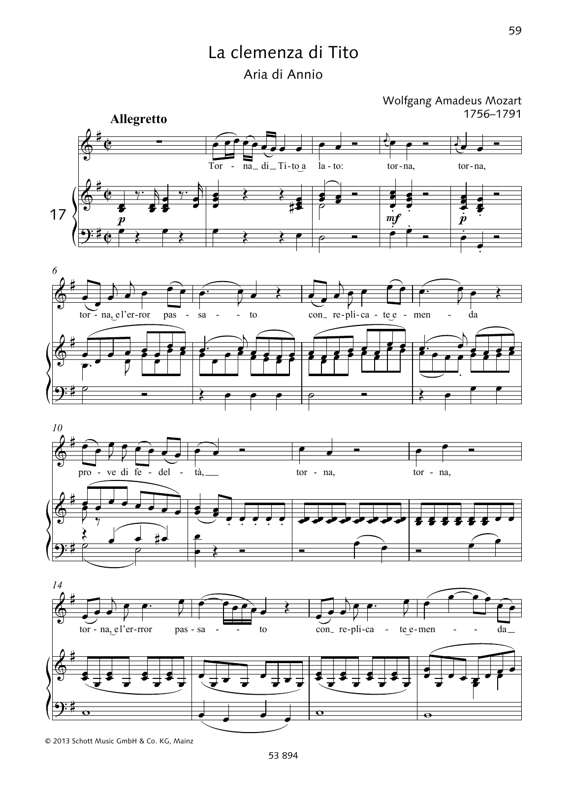 Wolfgang Amadeus Mozart Torna di Tito a lato Sheet Music