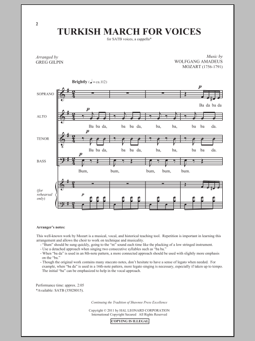 Wolfgang Amadeus Mozart Turkish March (arr. Greg Gilpin) Sheet Music