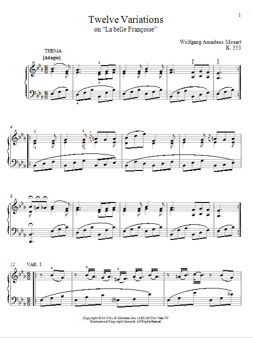 Wolfgang Amadeus Mozart Twelve Variations on La belle Francois, K. 353 Sheet Music