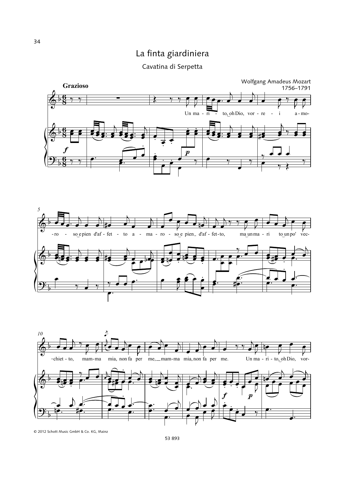 Wolfgang Amadeus Mozart Un marito, oh Dio, vorrei Sheet Music