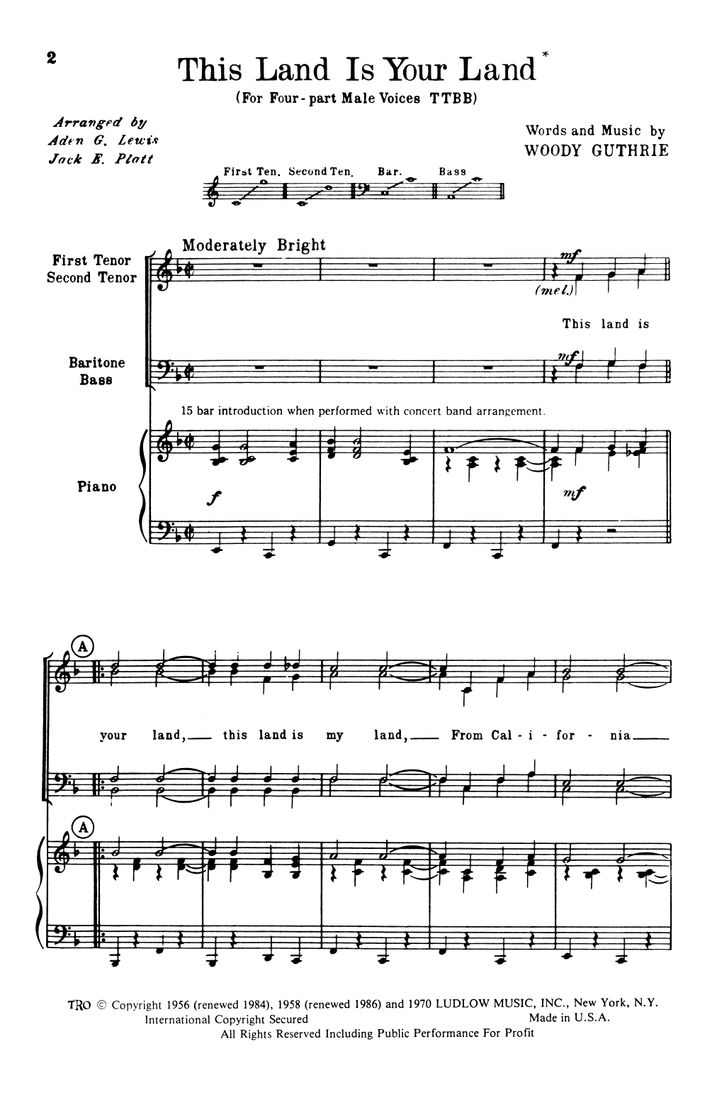 Woody Guthrie This Land Is Your Land (arr. Aden G. Lewis and Jack E. Platt) Sheet Music