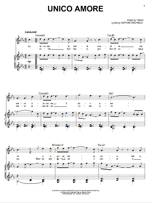 Yanni Unico Amore Sheet Music