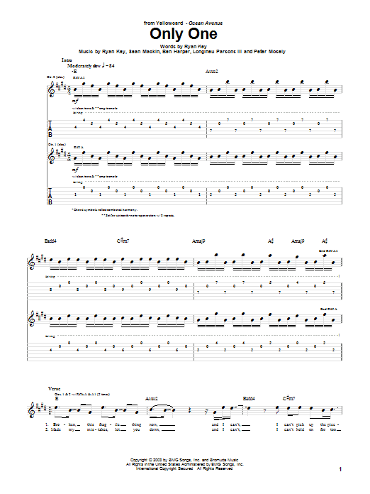 Yellowcard Only One Sheet Music