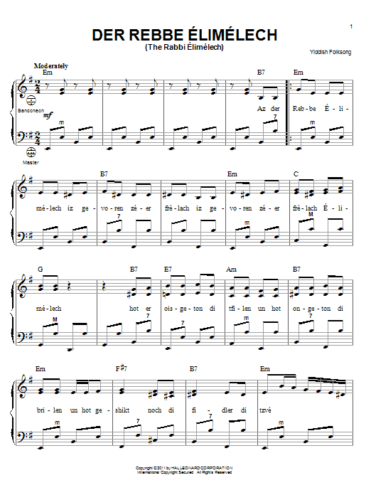 Yiddish Folksong Der Rebbe Elimelech (The Rabbi Elimelech) Sheet Music