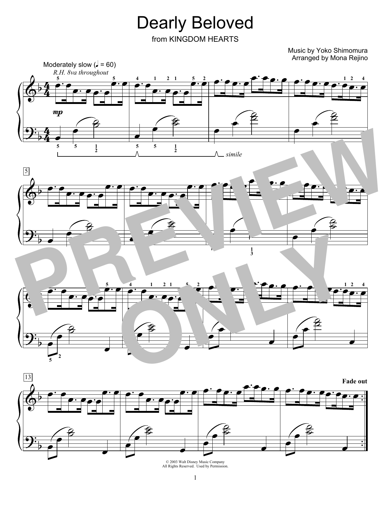 Yoko Shimomura Dearly Beloved (from Kingdom Hearts) (arr. Mona Rejino) Sheet Music