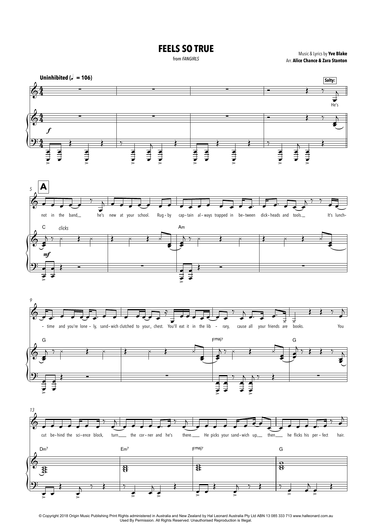 Yve Blake Feels So True (from Fangirls) (arr. Alice Chance and Zara Stanton) Sheet Music