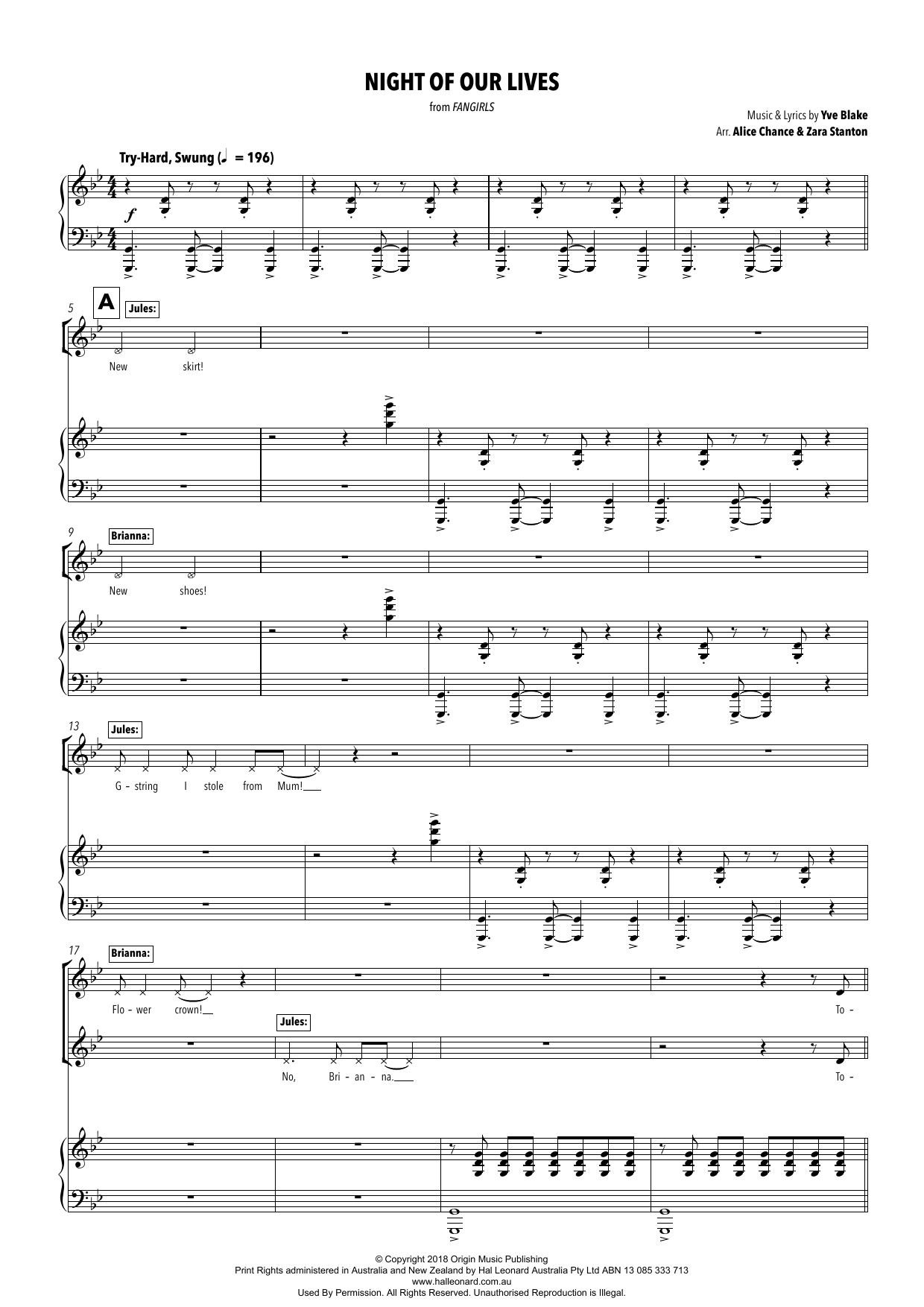 Yve Blake Night Of Our Lives (from Fangirls) (arr. Alice Chance and Zara Stanton) Sheet Music