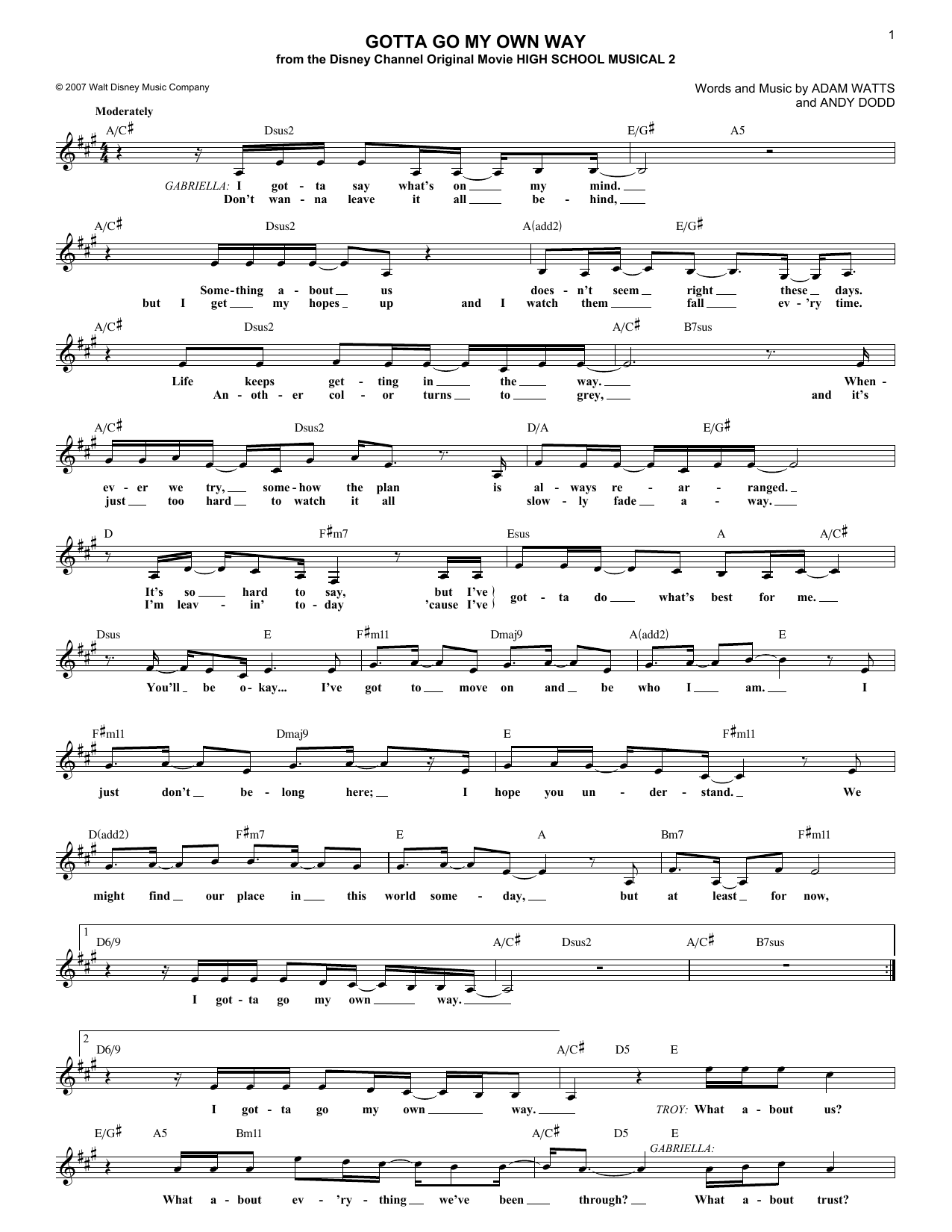 Zac Efron and Vanessa Anne Hudgens Gotta Go My Own Way Sheet Music