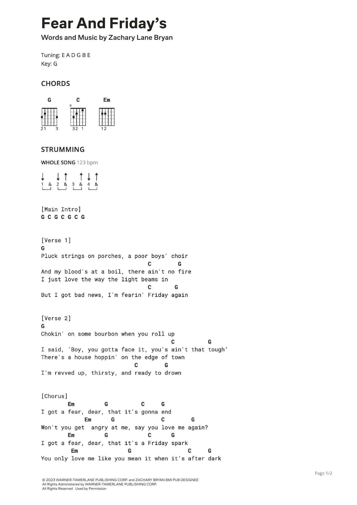 Zach Bryan Fear And Friday's Sheet Music