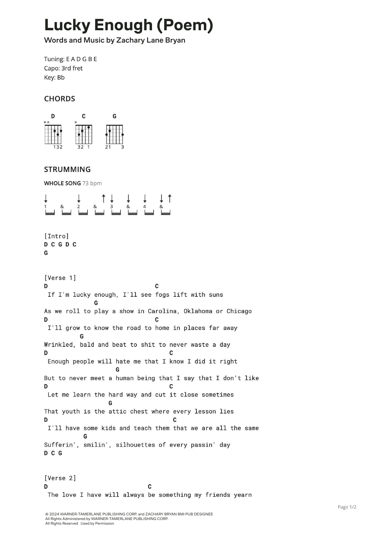 Zach Bryan Lucky Enough (Poem) Sheet Music