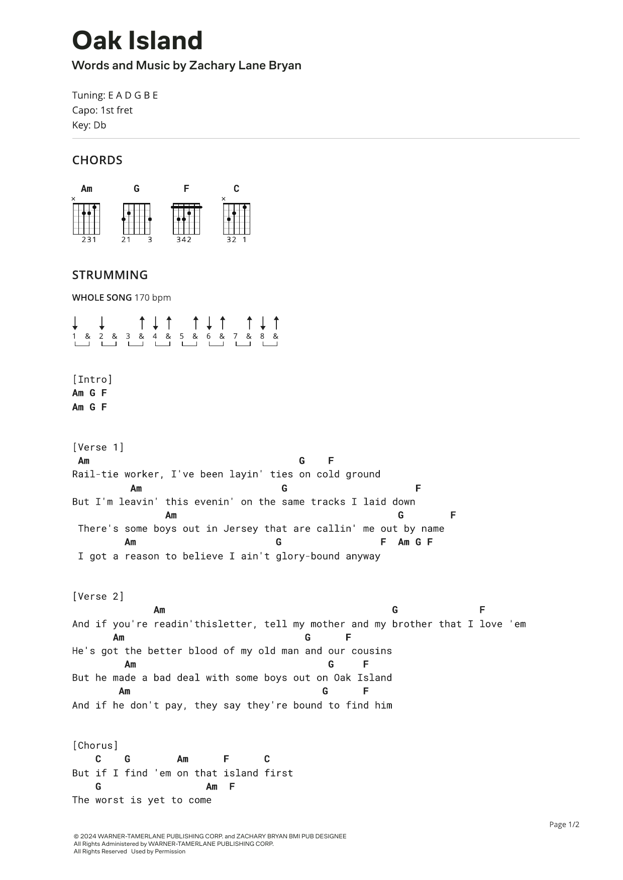 Zach Bryan Oak Island Sheet Music