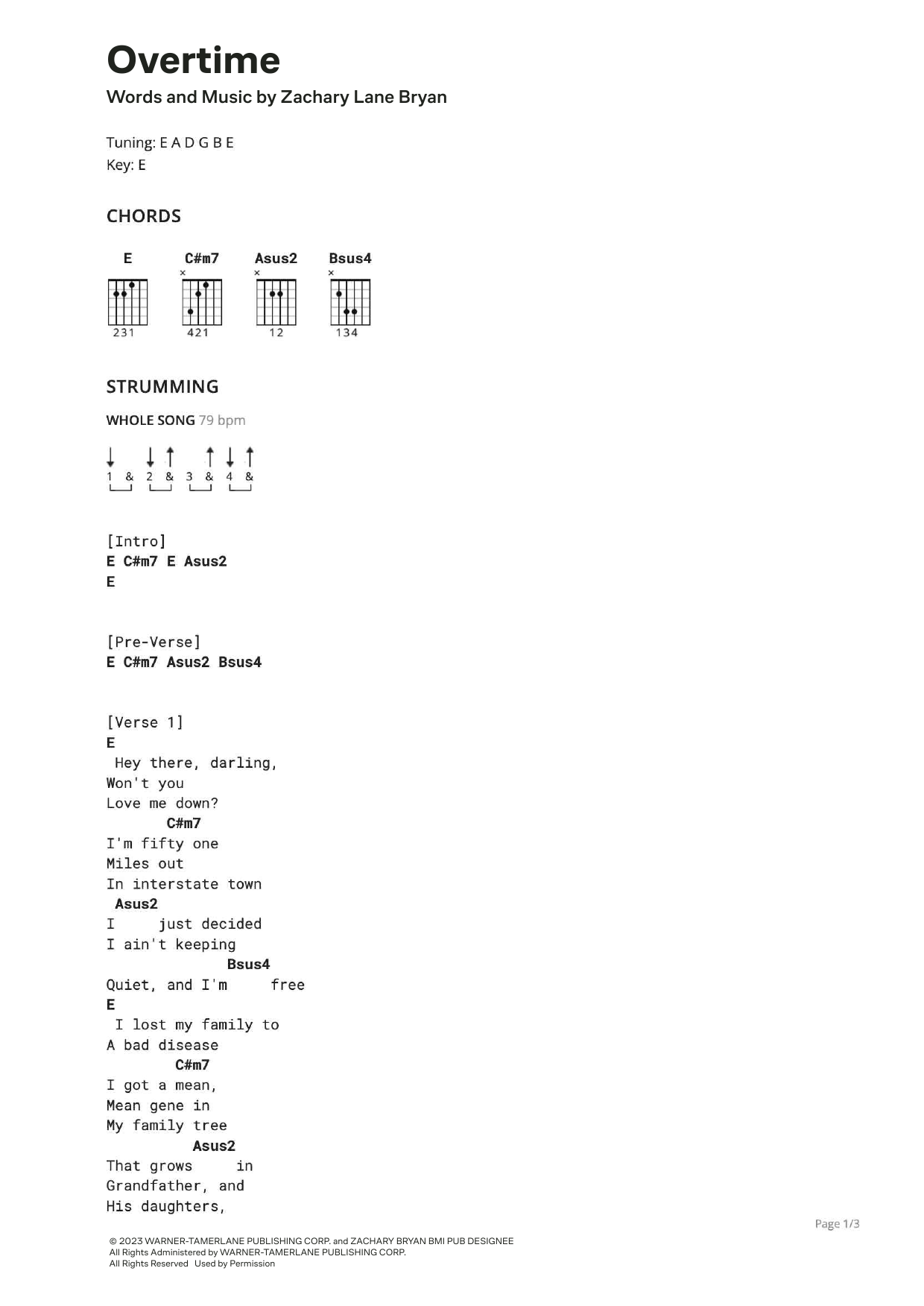 Zach Bryan Overtime Sheet Music