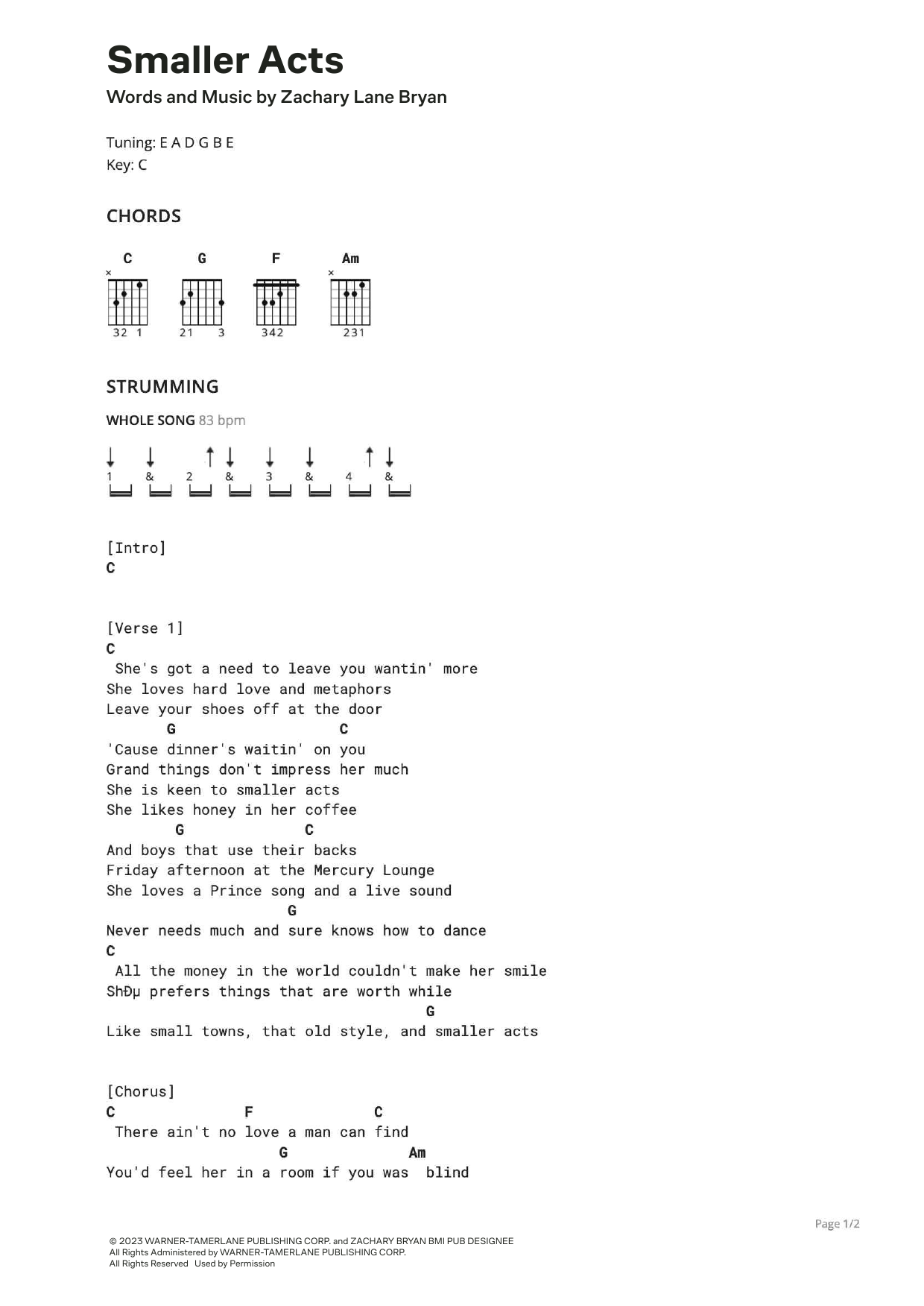Zach Bryan Smaller Acts Sheet Music