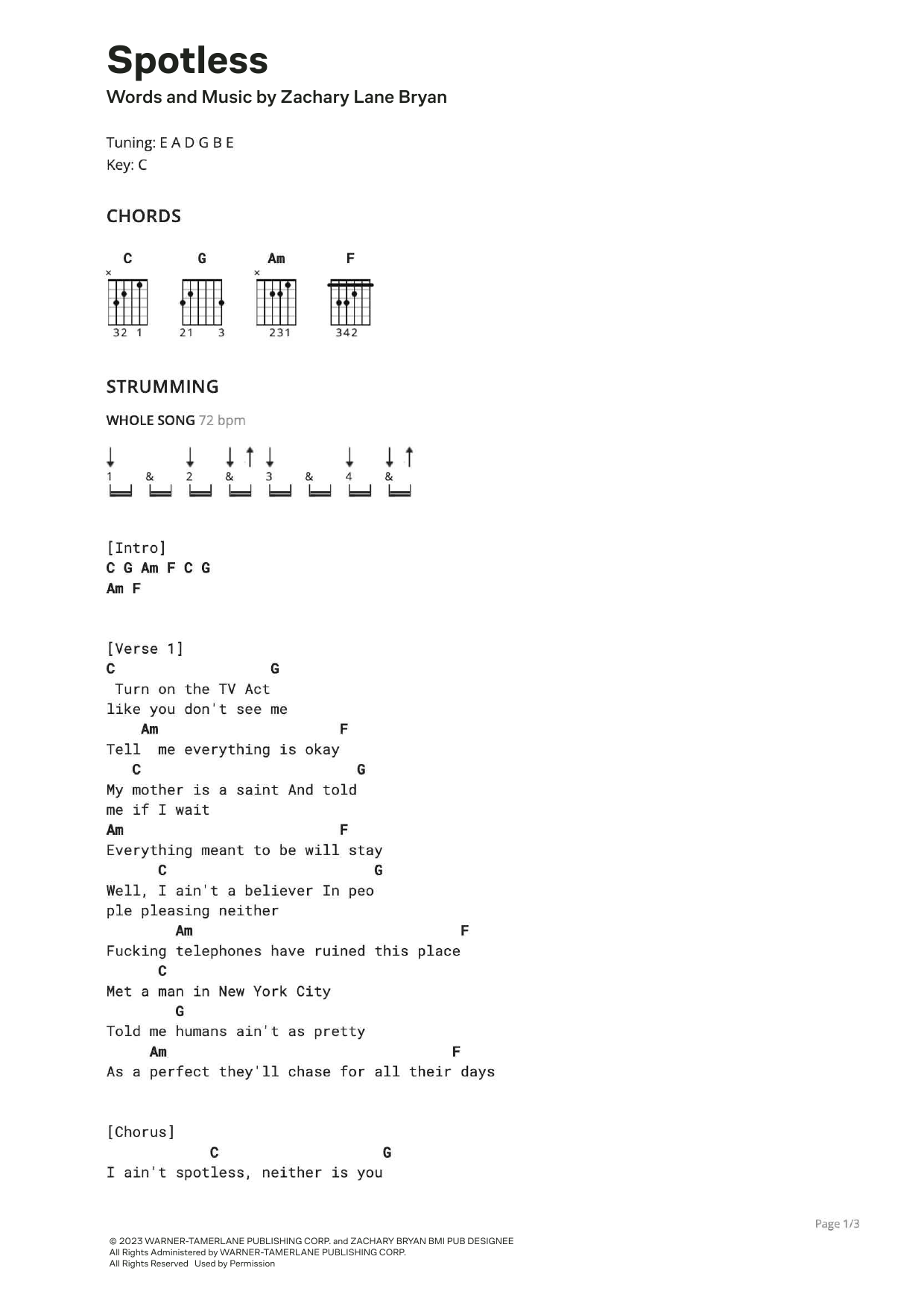 Zach Bryan Spotless (feat. The Lumineers) Sheet Music