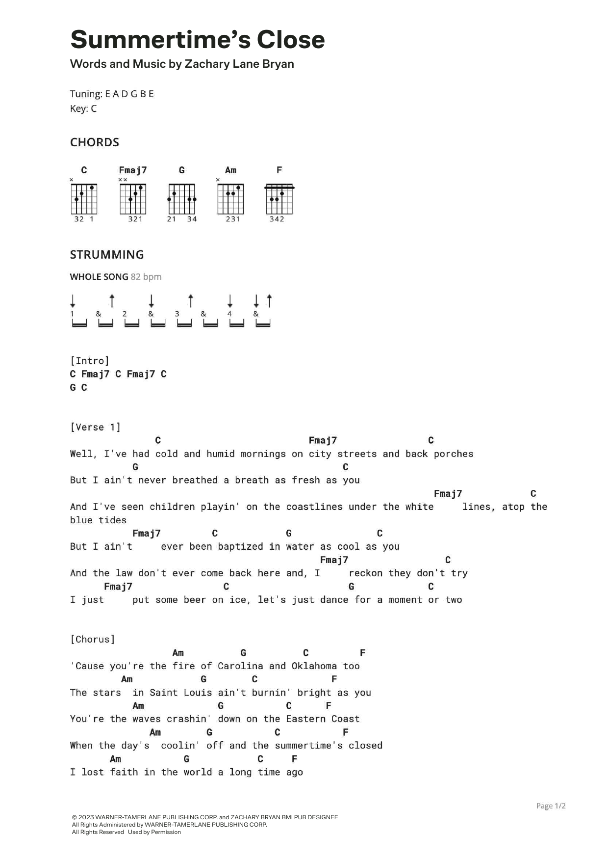 Zach Bryan Summertime's Close Sheet Music