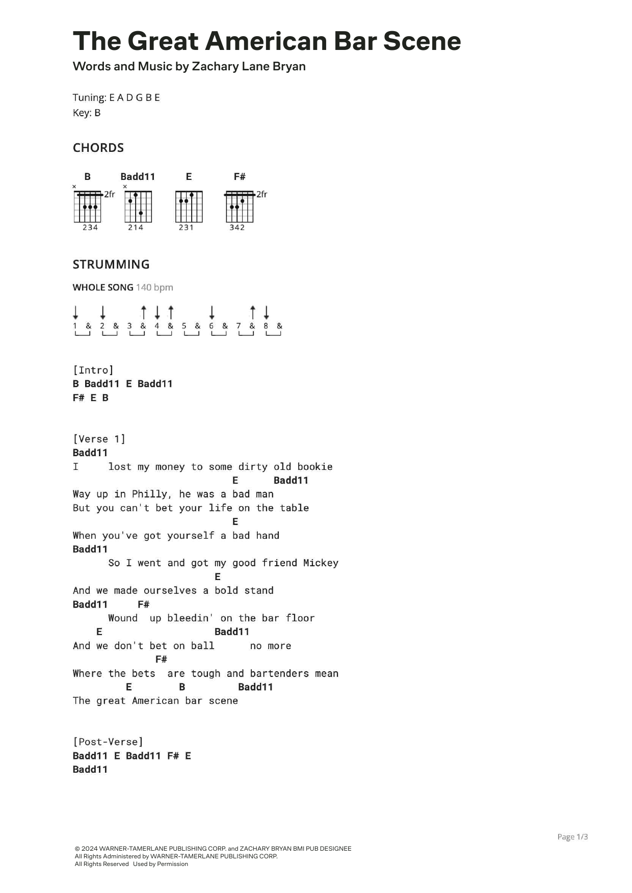 Zach Bryan The Great American Bar Scene Sheet Music