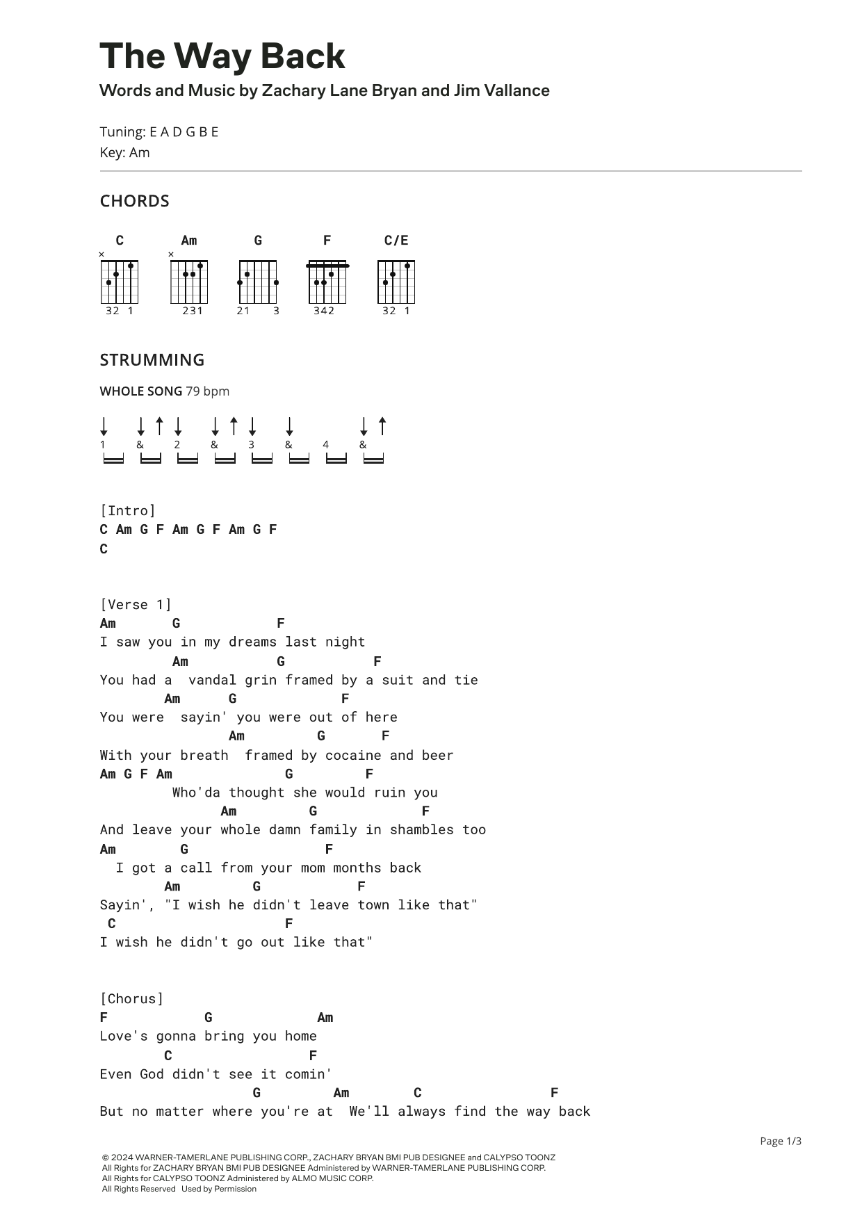 Zach Bryan The Way Back Sheet Music