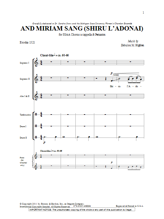 Zebulon M. Highben And Miriam Sang (Shiru L'Adonai) Sheet Music