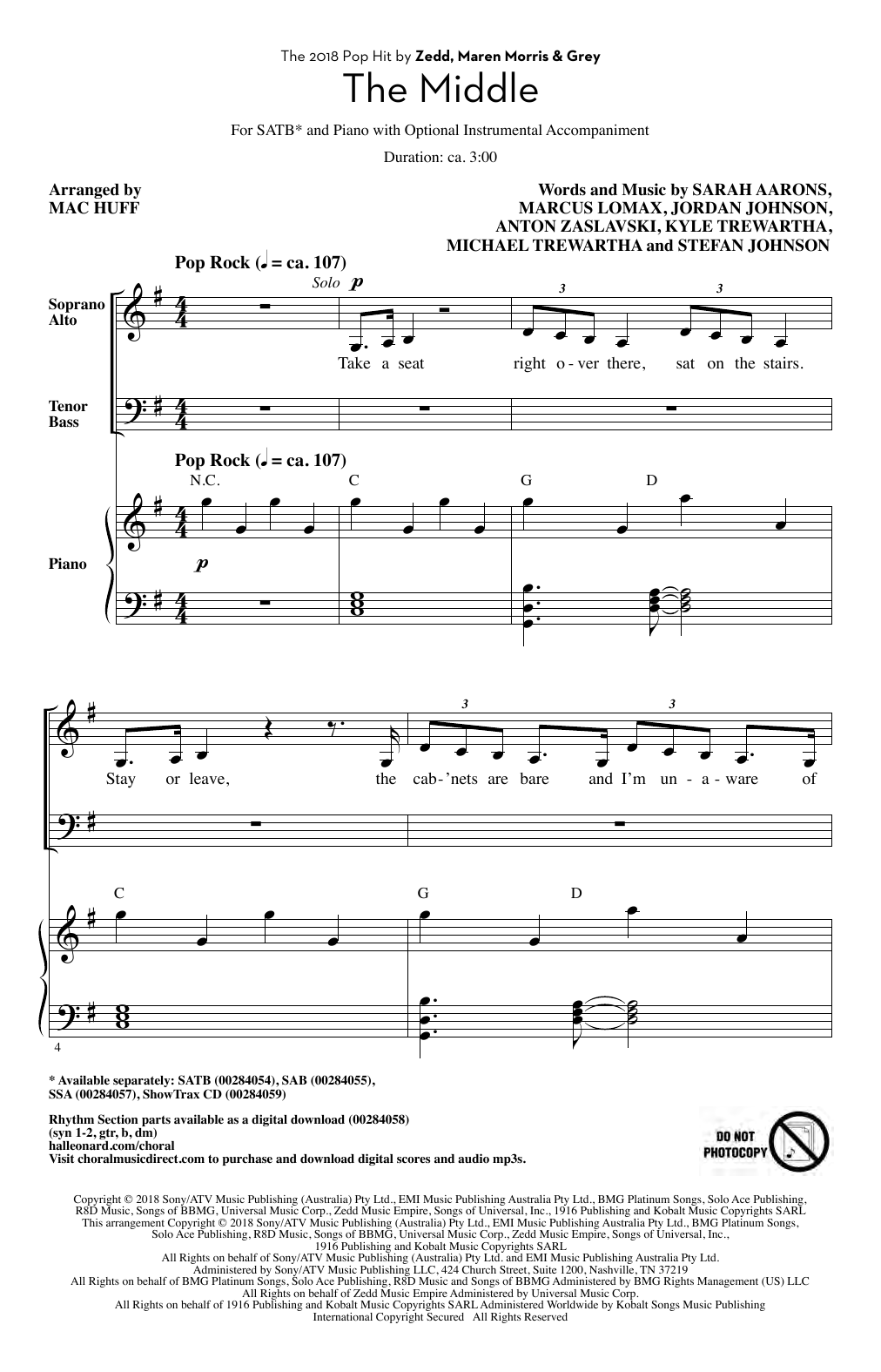 Zedd, Maren Morris & Grey The Middle (arr. Mac Huff) Sheet Music