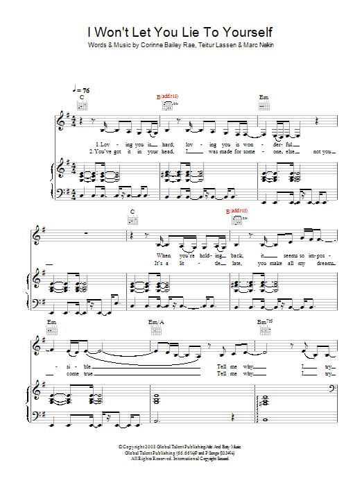 Corinne Bailey Rae I Won't Let You Lie To Yourself Sheet Music