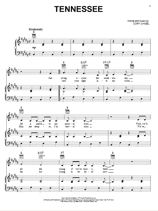 Cory Chisel And The Wandering Sons Tennessee Sheet Music