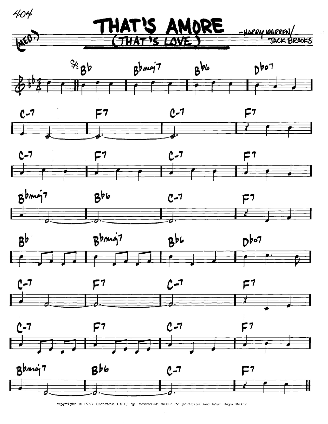 Dean Martin That's Amore (That's Love) Sheet Music