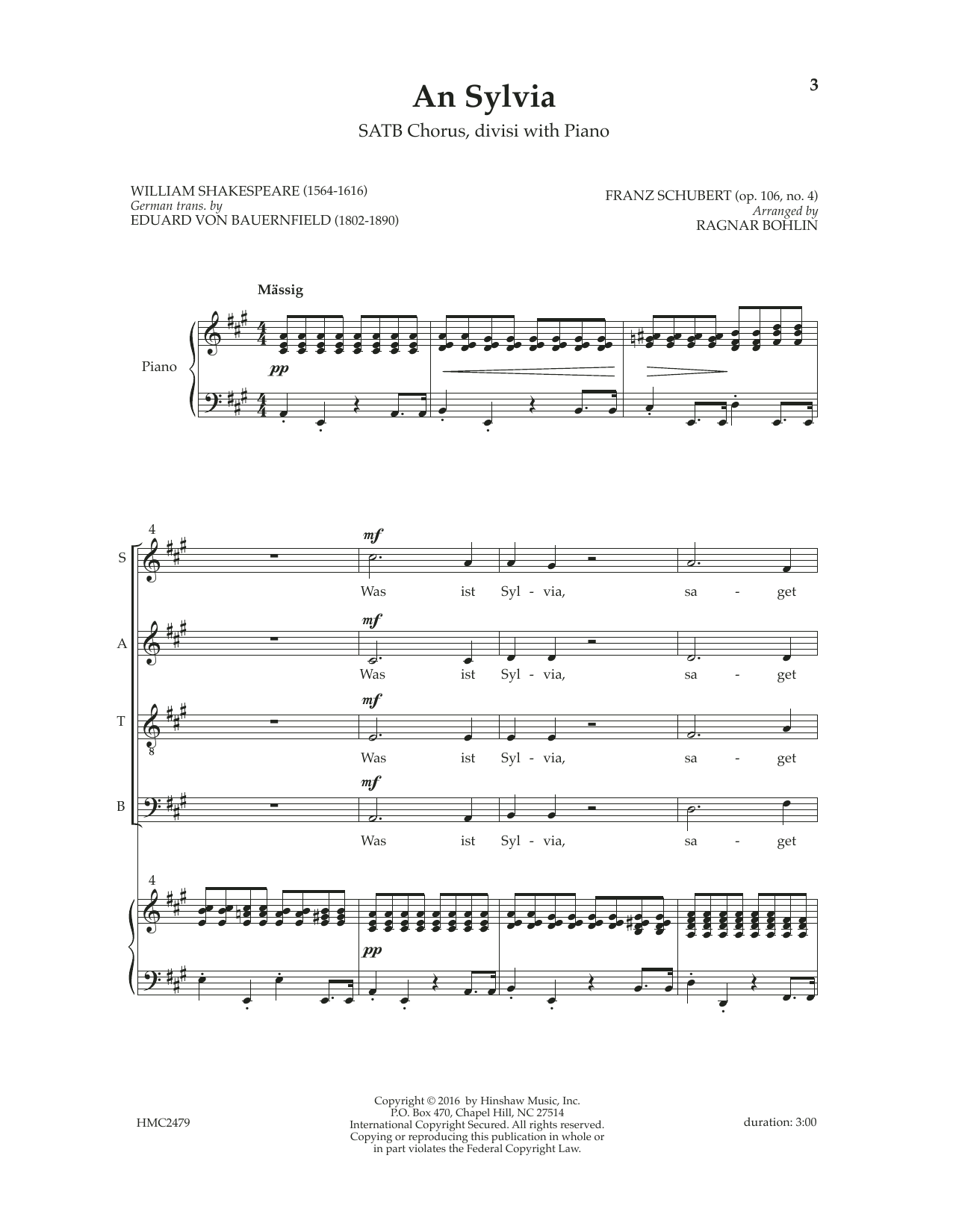 Franz Schubert An Sylvia (op. 106, No. 4) (arr. Ragnar Bohlin) Sheet Music