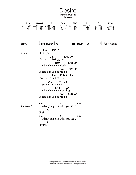 Gene Loves Jezebel Desire Sheet Music