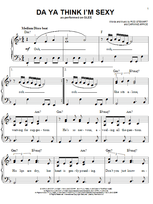 Glee Cast Da Ya Think I'm Sexy Sheet Music