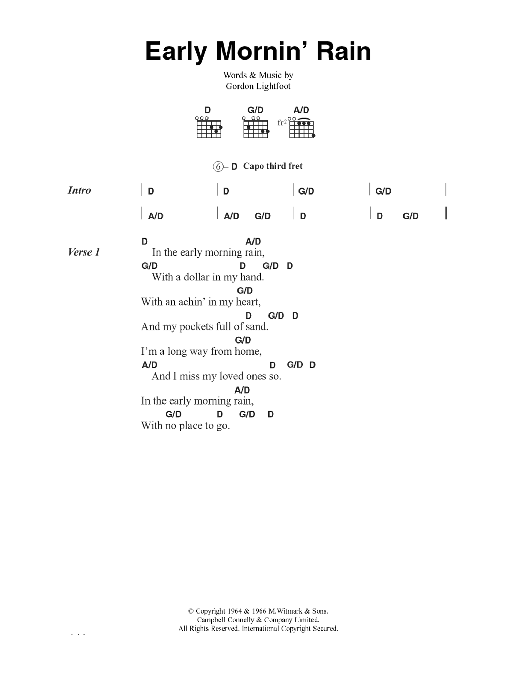 Gordon Lightfoot Early Mornin' Rain Sheet Music