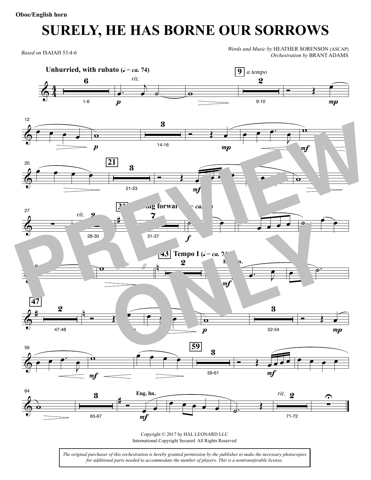 Heather Sorenson Surely, He Has Borne Our Sorrows - Oboe/English Horn Sheet Music