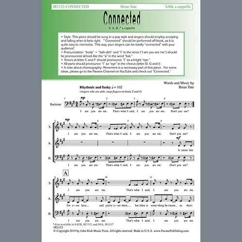 Easily Download Brian Tate Printable PDF piano music notes, guitar tabs for SAB Choir. Transpose or transcribe this score in no time - Learn how to play song progression.