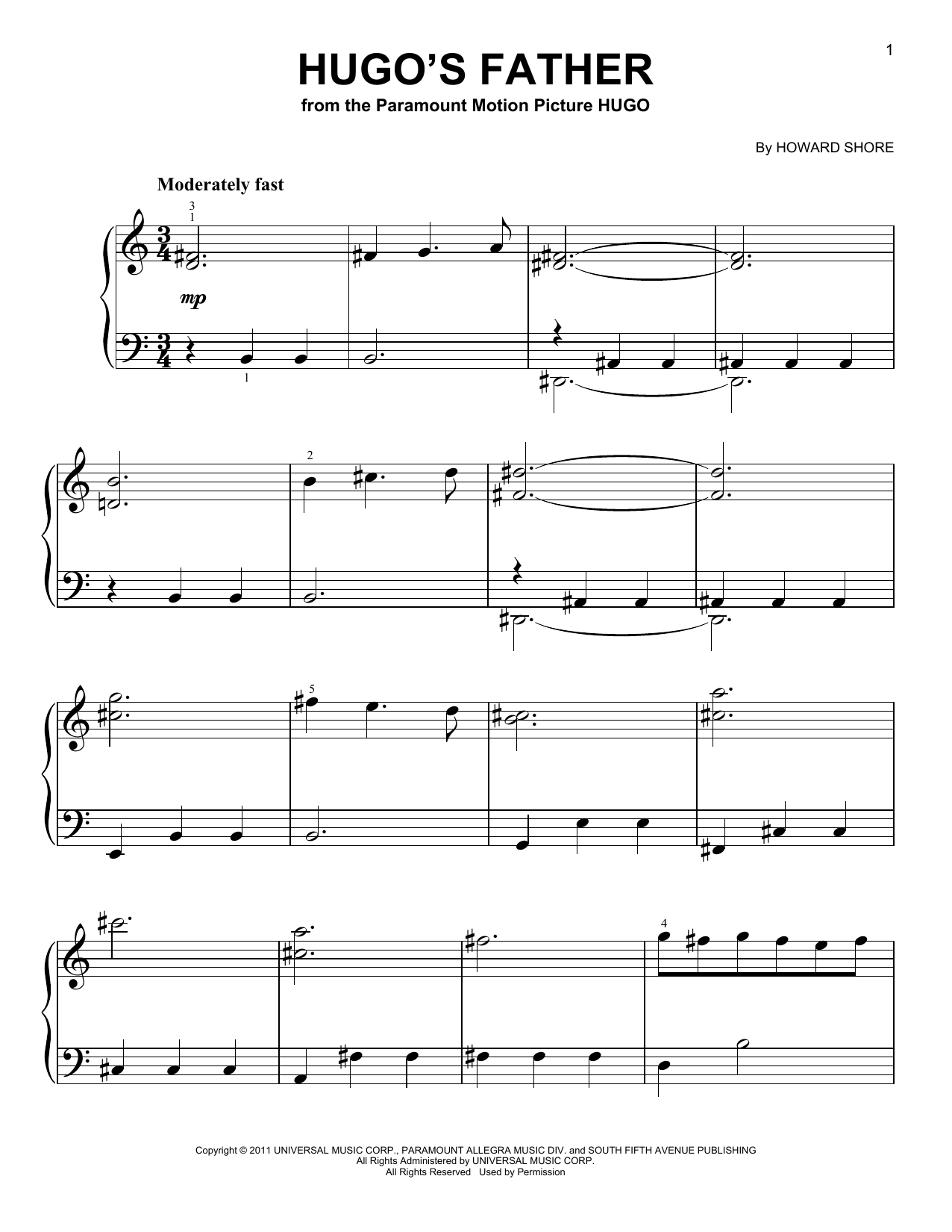 Howard Shore Hugo's Father (from Hugo) Sheet Music