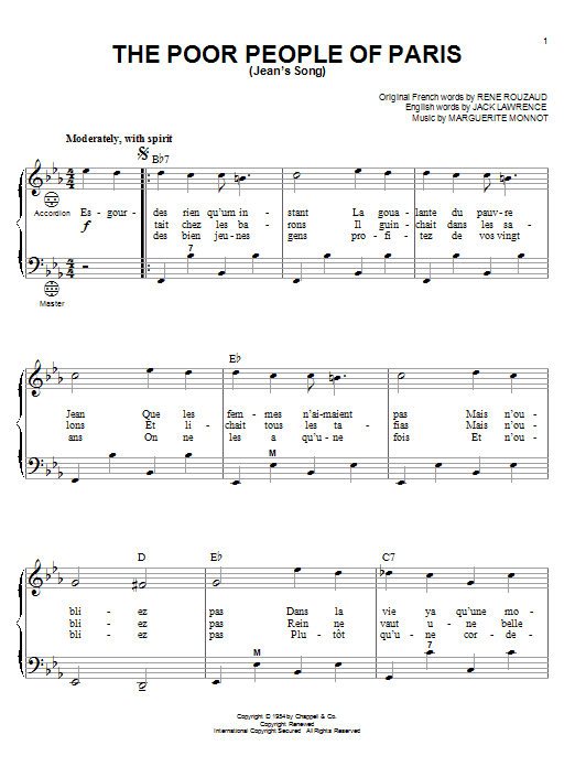 Jack Lawrence The Poor People Of Paris (Jean's Song) Sheet Music