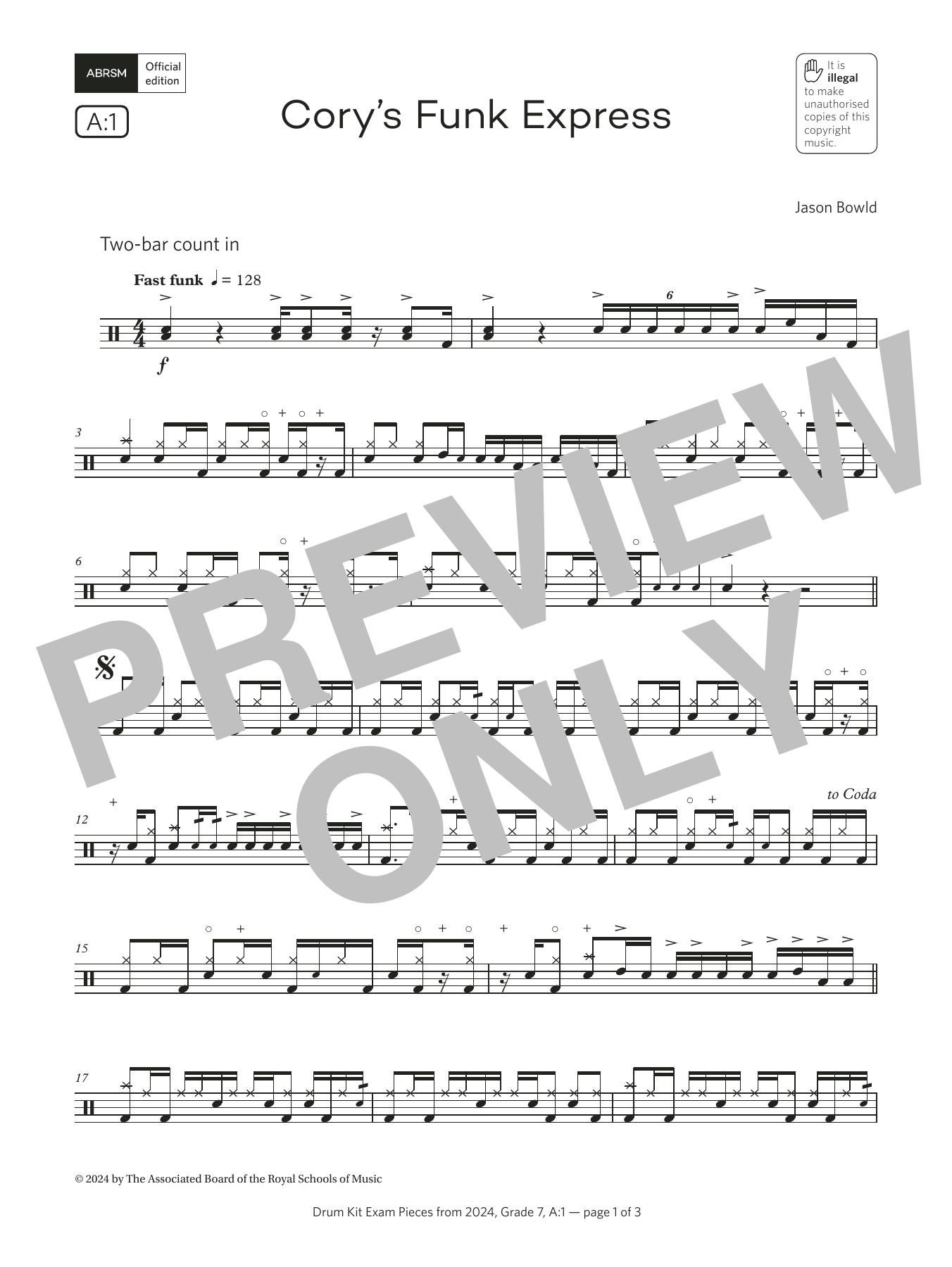 Jason Bowld Cory's Funk Express (Grade 7, list A1, from the ABRSM Drum Kit Syllabus 2024) Sheet Music