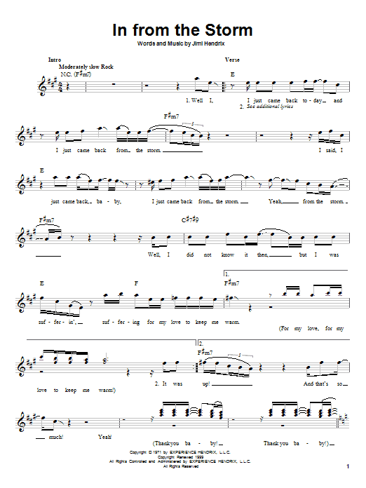 Jimi Hendrix In From The Storm Sheet Music