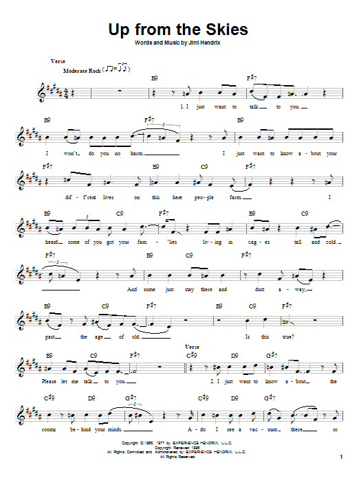 Jimi Hendrix Up From The Skies Sheet Music