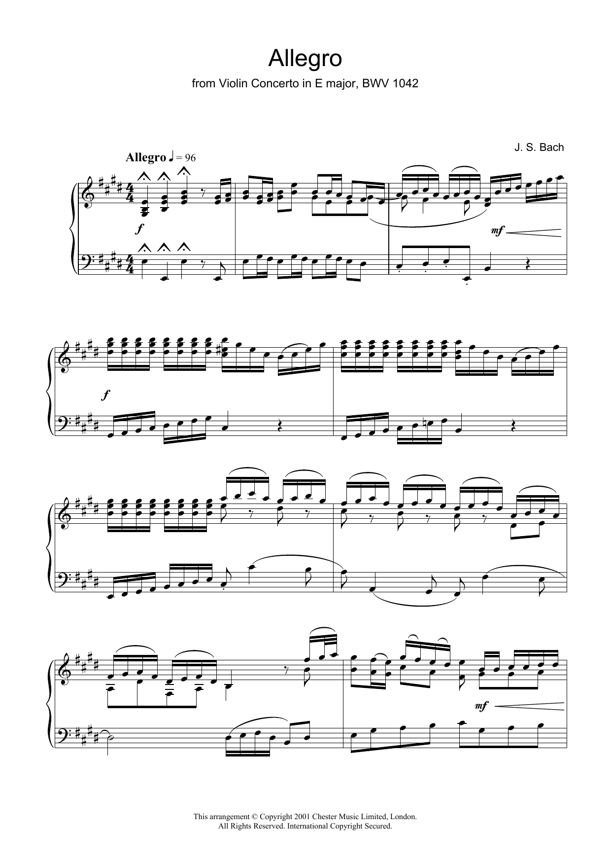Johann Sebastian Bach Allegro From Violin Concerto In E Major, Bwv 1042 Sheet Music