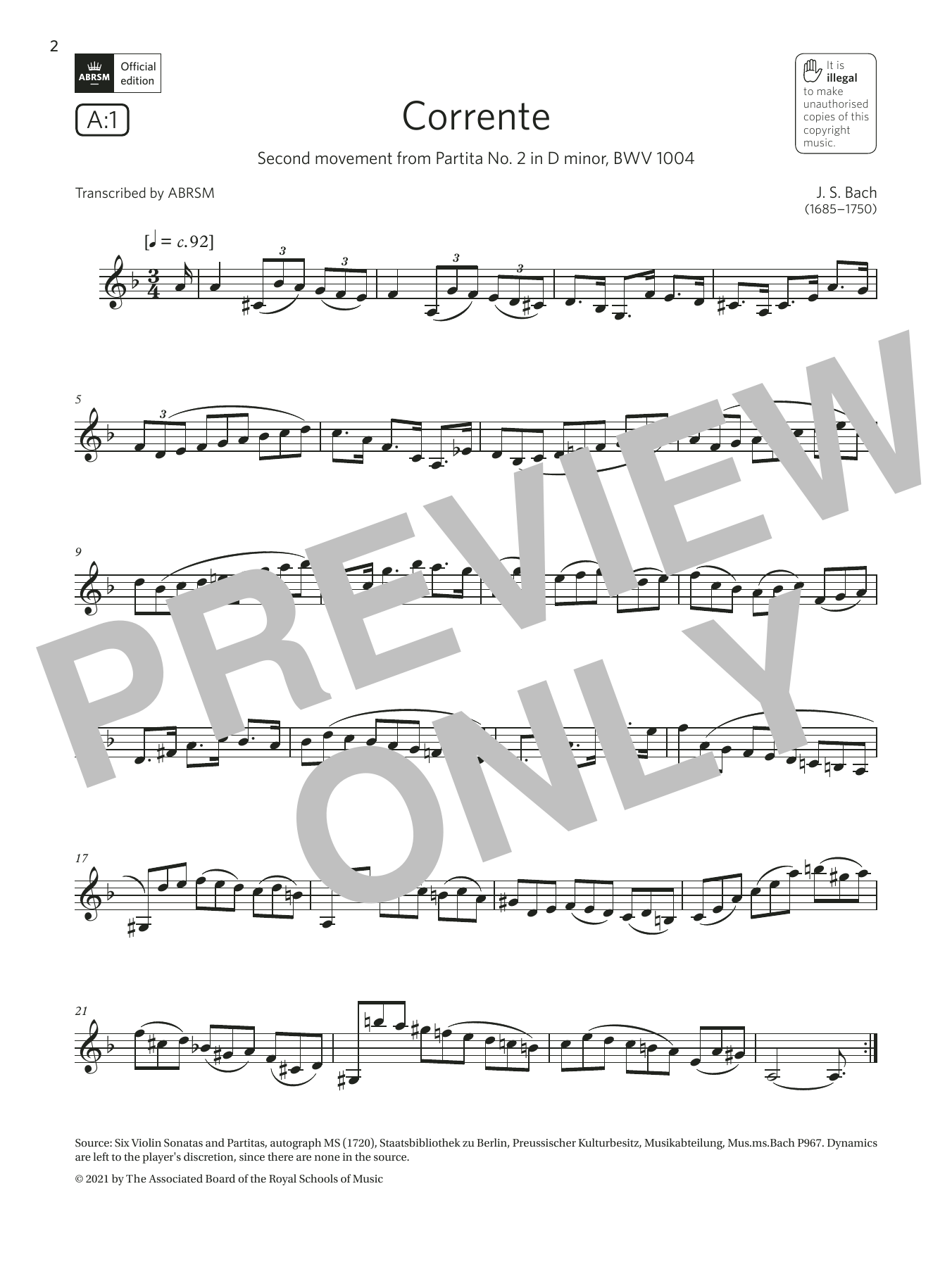 Johann Sebastian Bach Corrente (from Partita No2 in D minor) (Grade 6 List A1 from the ABRSM Clarinet Sheet Music