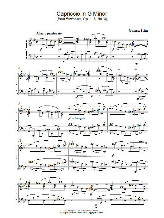 Johannes Brahms Capriccio in G Minor (from Fantasies, Op. 116, No. 3) Sheet Music