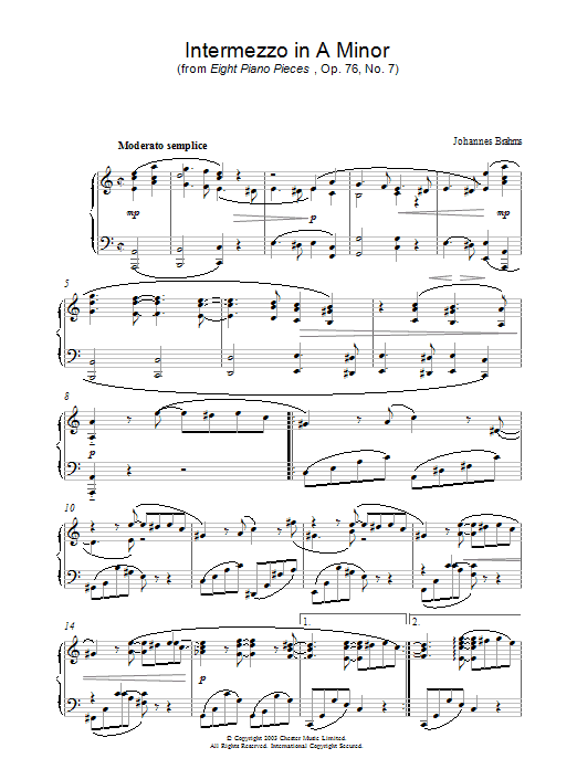 Johannes Brahms Intermezzo in A Minor (from Eight Piano Pieces, Op. 76, No. 7) Sheet Music
