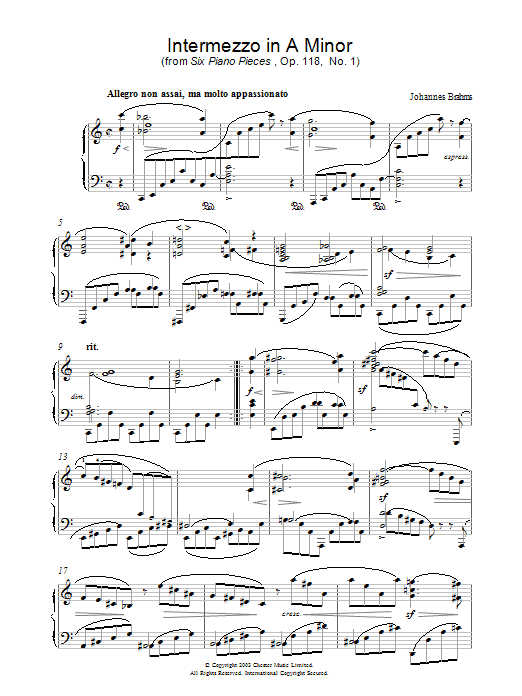 Johannes Brahms Intermezzo in A Minor (from Six Piano Pieces, Op. 118, No. 1) Sheet Music