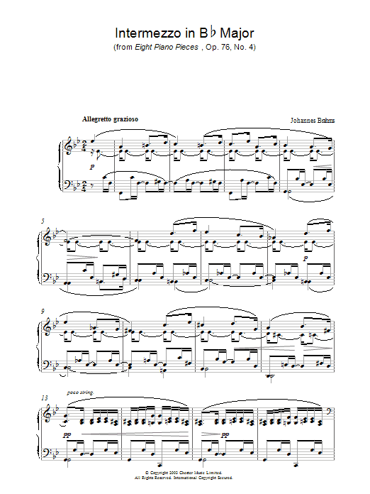 Johannes Brahms Intermezzo in Bb Major (from Eight Piano Pieces, Op. 76, No. 4) Sheet Music