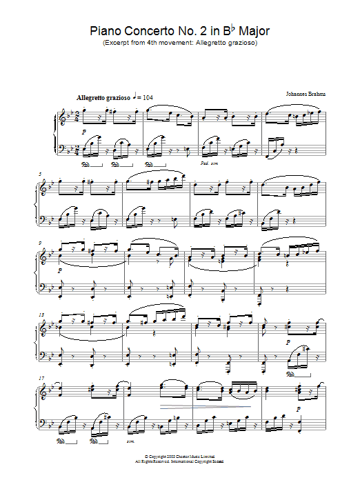 Johannes Brahms Piano Concerto No. 2 in Bb Major (Excerpt from 4th movement: Allegretto grazioso Sheet Music