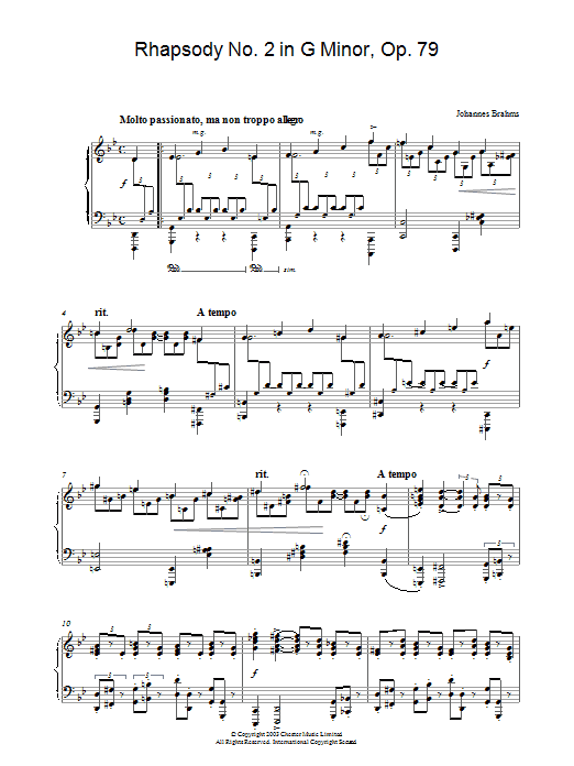 Johannes Brahms Rhapsody No. 2 in G Minor, Op. 79 Sheet Music