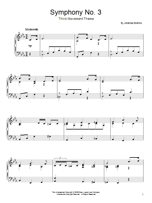 Johannes Brahms Symphony No. 3, Third Movement Theme Sheet Music
