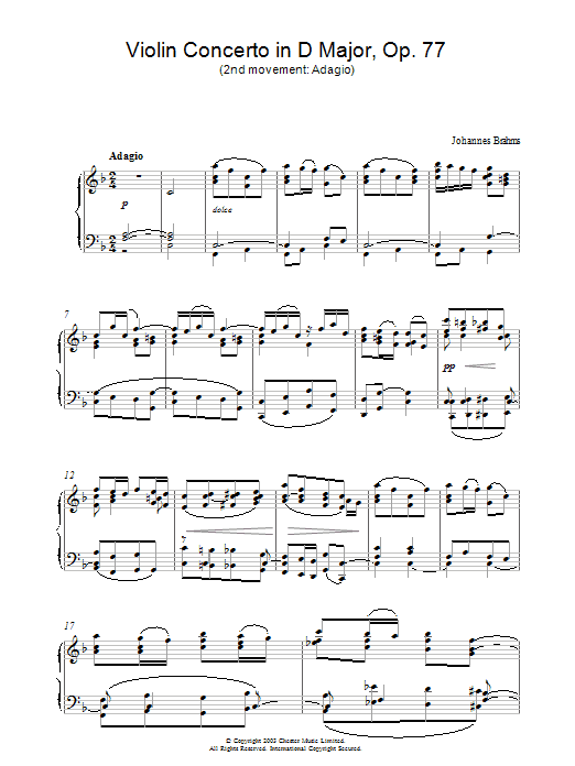 Johannes Brahms Violin Concerto in D Major, Op. 77 (2nd movement: Adagio) Sheet Music