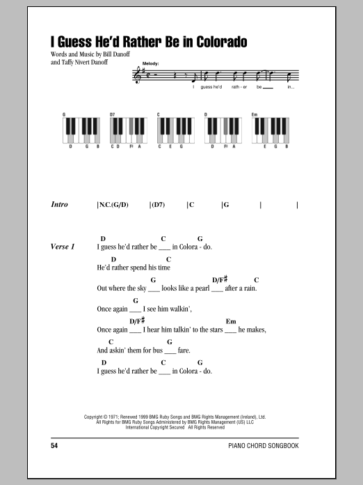 John Denver I Guess He'd Rather Be In Colorado Sheet Music