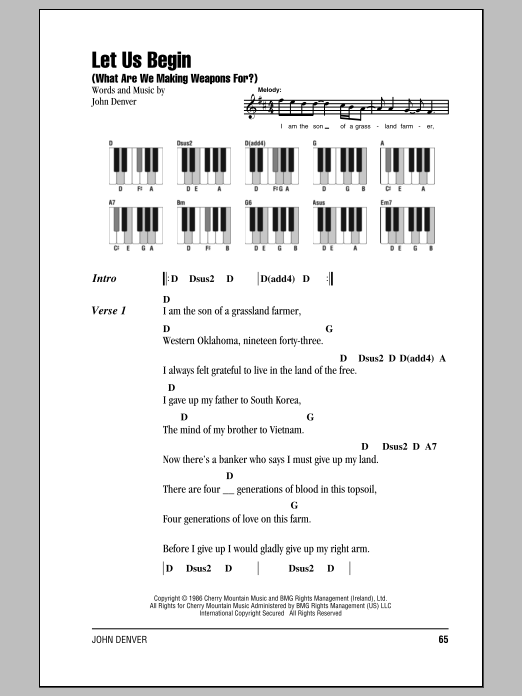 John Denver Let Us Begin (What Are We Making Weapons For?) Sheet Music