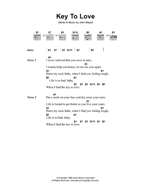 John Mayall's Bluesbreakers with Eric Clapton Key To Love Sheet Music